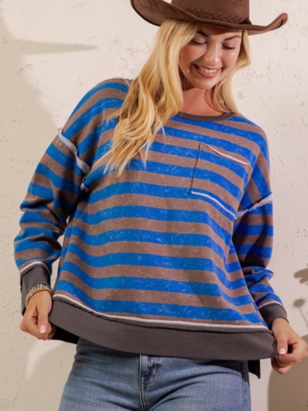 Sage & Fig Cocoa & Vibrant Blue Striped Weekend Harbor Sweatshirt